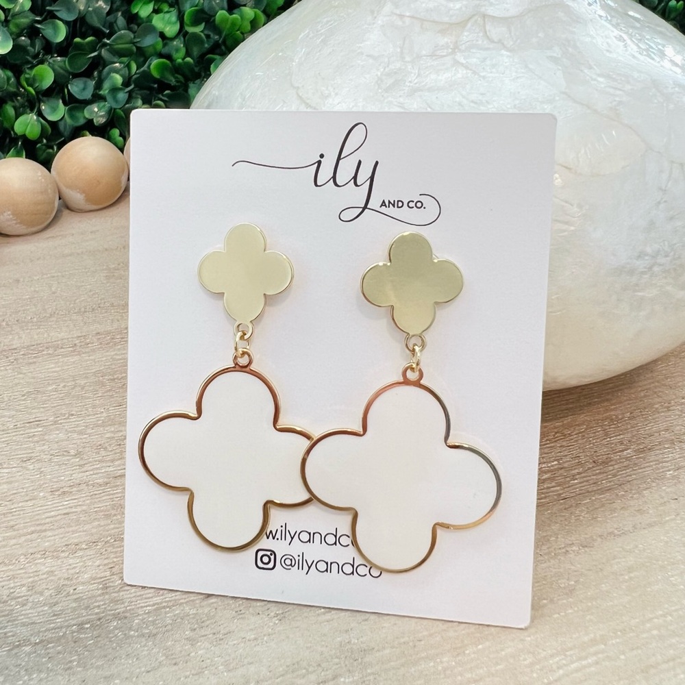New White and Gold Clover Drop Earrings | Lightweight | Dangle | Coastal Grandma